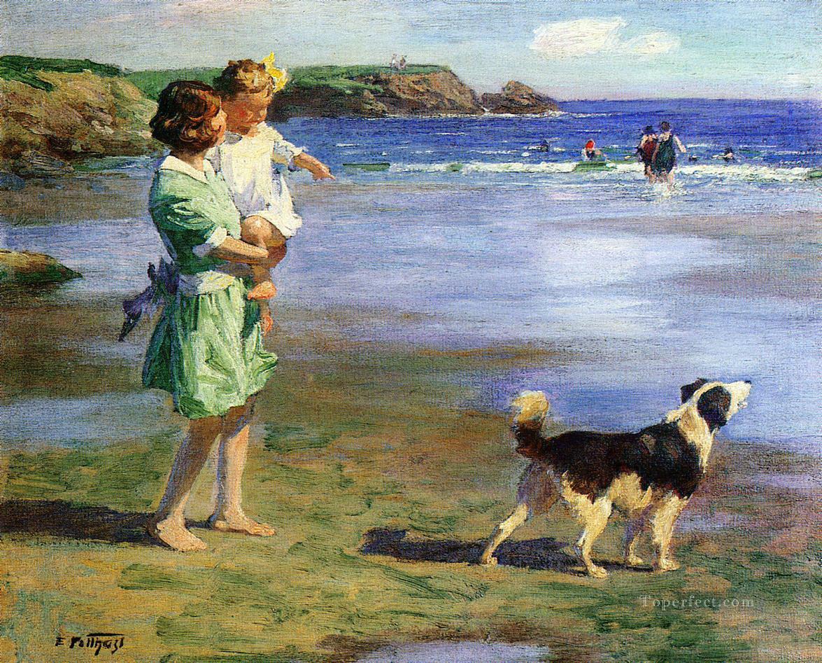Edward Henry Potthast Mutter und Mädchen mit Hund am Meer Haustier Kinder Ölgemälde